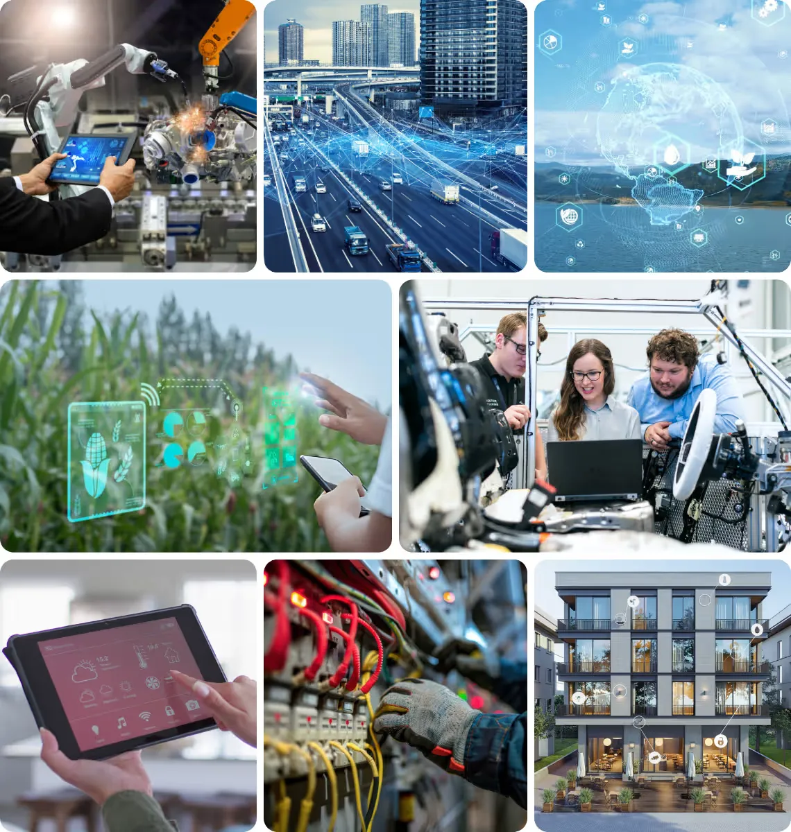 Collage showcasing industrial IoT applications including smart manufacturing, connected infrastructure, embedded systems, and real-world engineering solutions.