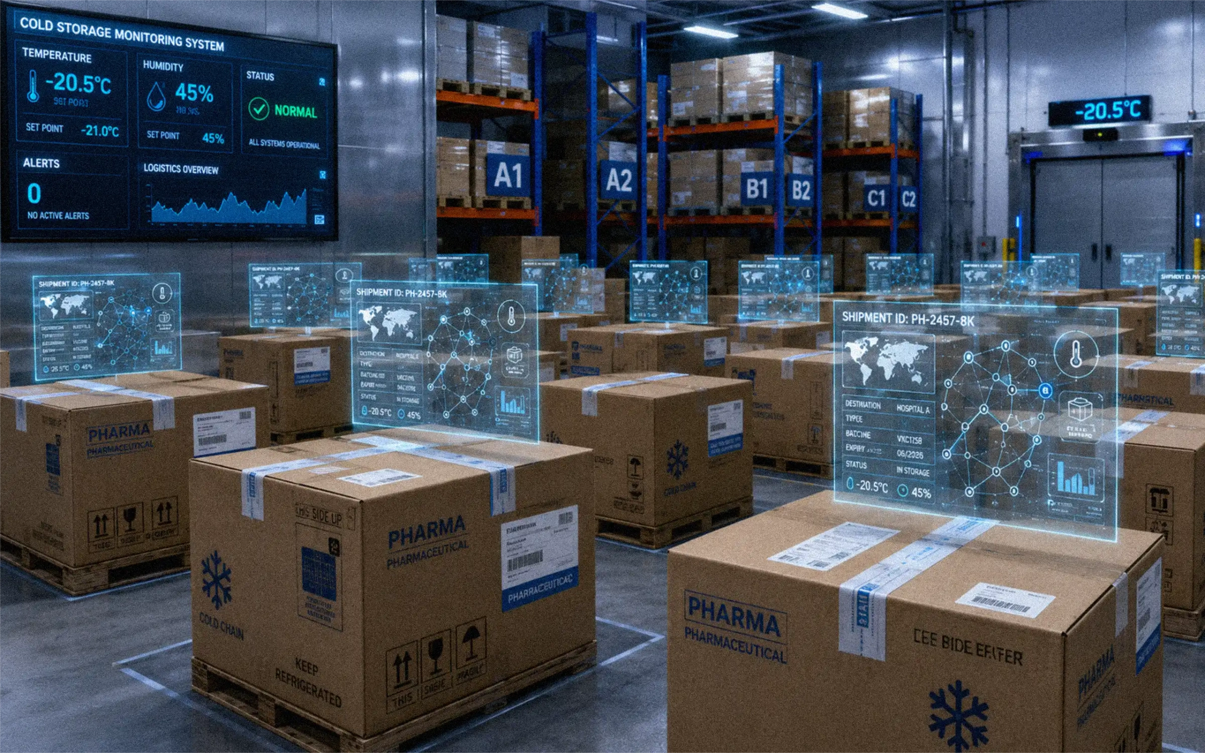 Pharmaceutical cold chain journey with real-time temperature monitoring